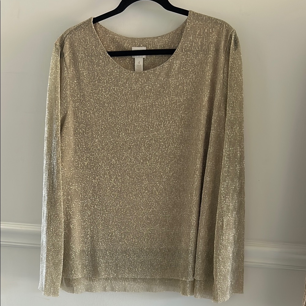 Chico's Shimmery Gold Tan Cream Long Sleeve Blouse